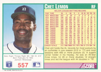 Chet Lemon  baseball card collectible - Main Image 2