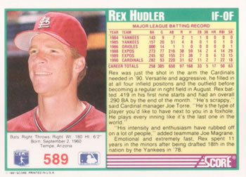 Rex Hudler  baseball card collectible - Main Image 2