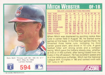 Mitch Webster  baseball card collectible - Main Image 2