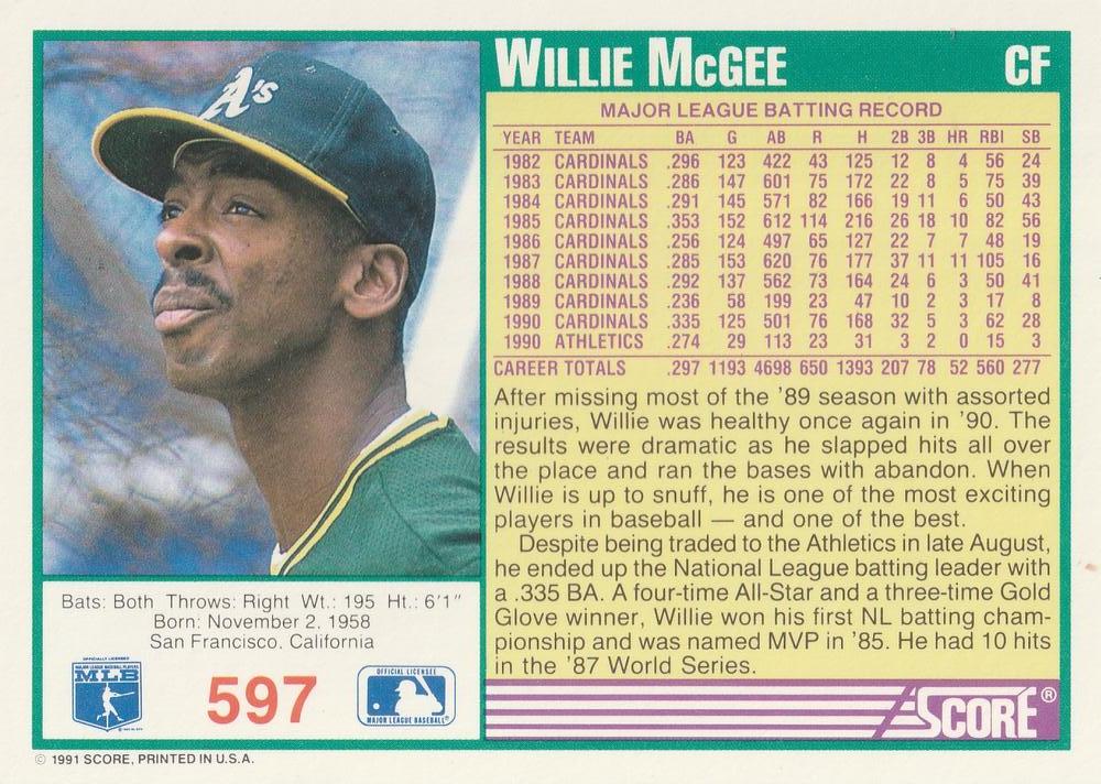 Willie McGee  baseball card collectible - Main Image 2