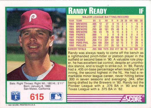 Randy Ready  baseball card collectible - Main Image 2