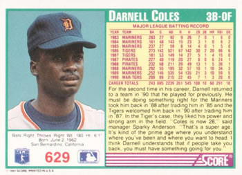 Darnell Coles  baseball card collectible - Main Image 2