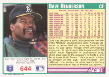 Dave Henderson  baseball card collectible - Main Image 2