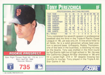 Tony Perezchica  baseball card collectible - Main Image 2