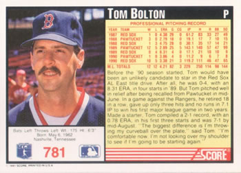 Tom Bolton  baseball card collectible - Main Image 2