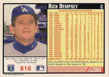 Rick Dempsey  baseball card collectible - Main Image 2