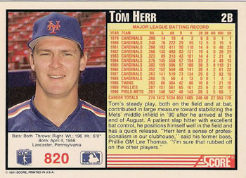 Tom Herr  baseball card collectible - Main Image 2