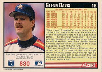 Glenn Davis  baseball card collectible - Main Image 2