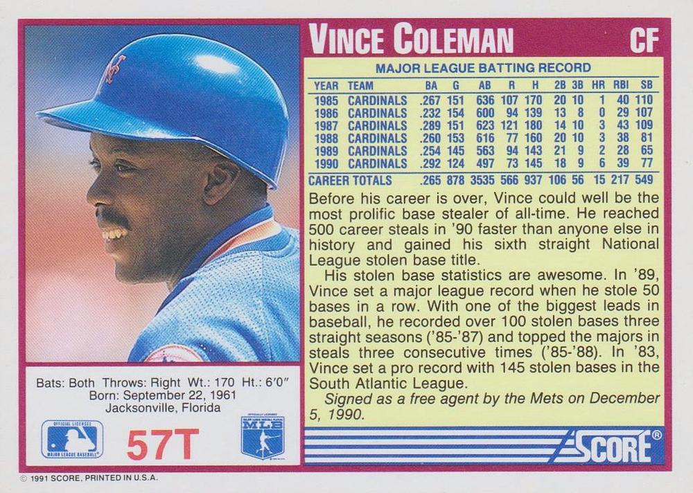 Vince Coleman  baseball card collectible - Main Image 2