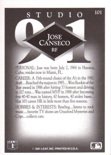 Jose Canseco  baseball card collectible - Main Image 2