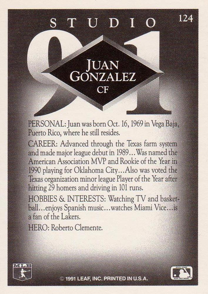 Juan Gonzalez  baseball card collectible - Main Image 2