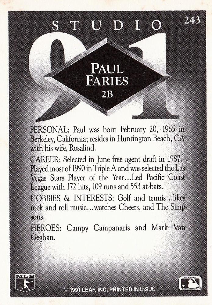 Paul Faries  baseball card collectible - Main Image 2