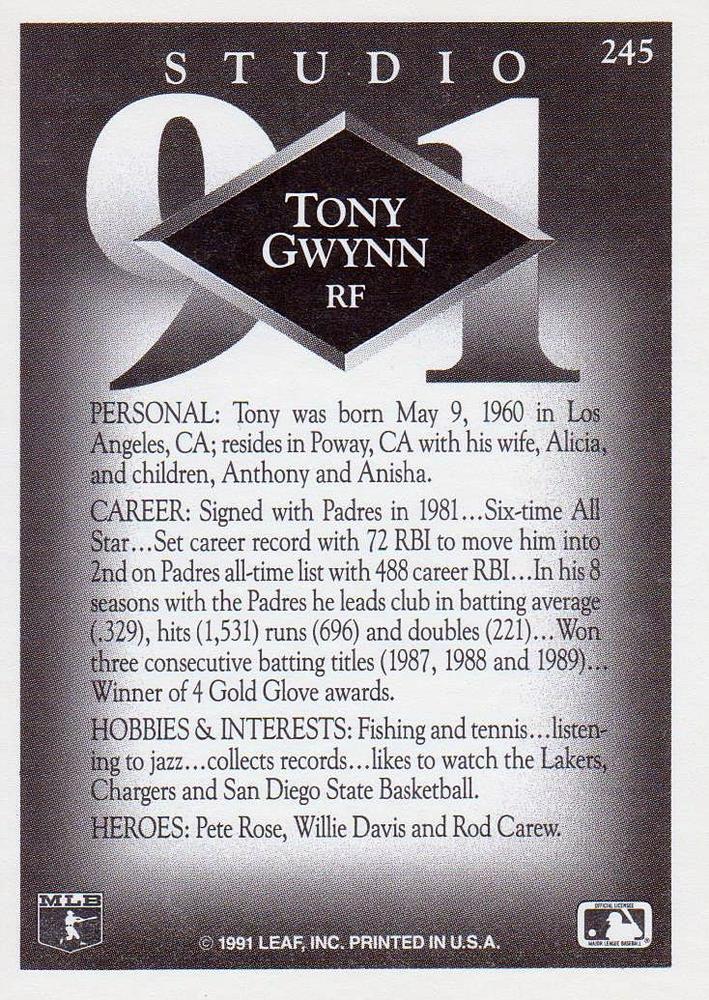 Tony Gwynn  baseball card collectible - Main Image 2