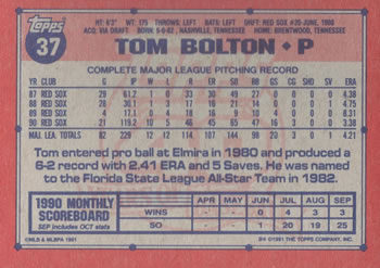 Tom Bolton  baseball card collectible - Main Image 2