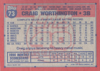 Craig Worthington  baseball card collectible - Main Image 2
