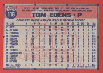 Tom Edens  baseball card collectible - Main Image 2