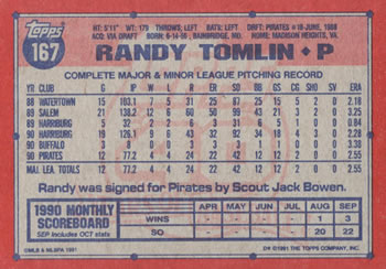 Randy Tomlin  baseball card collectible - Main Image 2