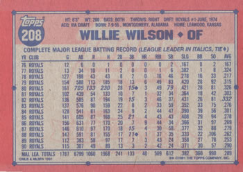 Willie Wilson  baseball card collectible - Main Image 2
