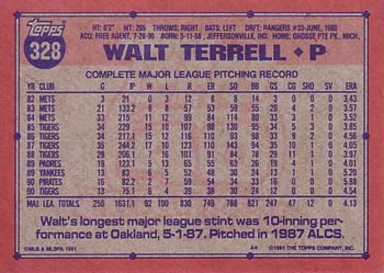 Walt Terrell  baseball card collectible - Main Image 2