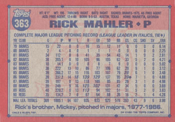 Rick Mahler  baseball card collectible - Main Image 2