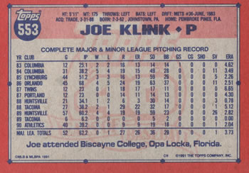 Joe Klink  baseball card collectible - Main Image 2