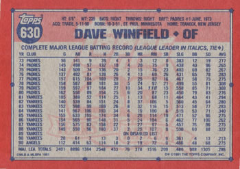Dave Winfield  baseball card collectible - Main Image 2