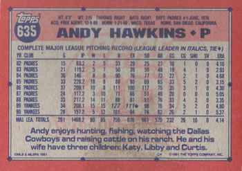 Andy Hawkins  baseball card collectible - Main Image 2