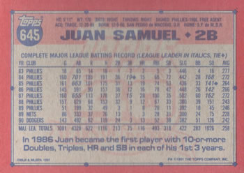 Juan Samuel  baseball card collectible - Main Image 2