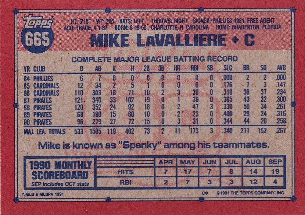 Mike LaValliere  baseball card collectible - Main Image 2