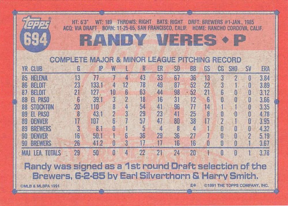 Randy Veres  baseball card collectible - Main Image 2