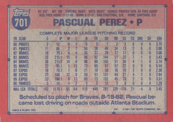 Pascual Perez  baseball card collectible - Main Image 2