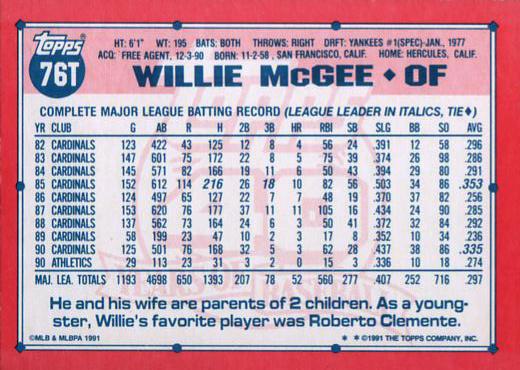 Willie McGee  baseball card collectible - Main Image 2