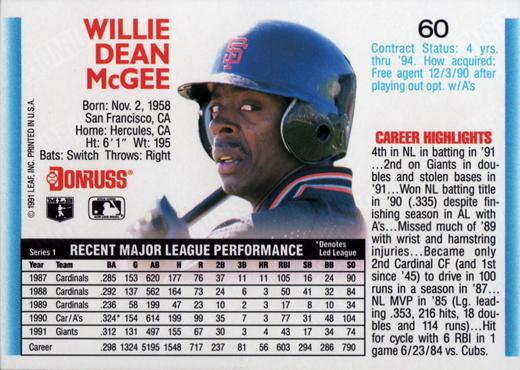 Willie McGee  baseball card collectible - Main Image 2