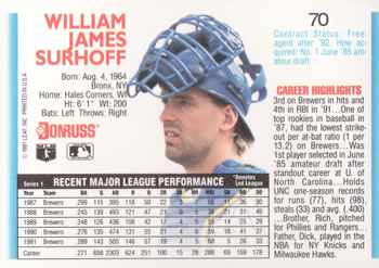 B.J. Surhoff  baseball card collectible - Main Image 2