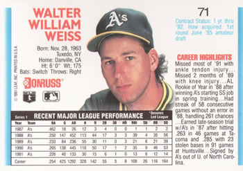 Walt Weiss  baseball card collectible - Main Image 2