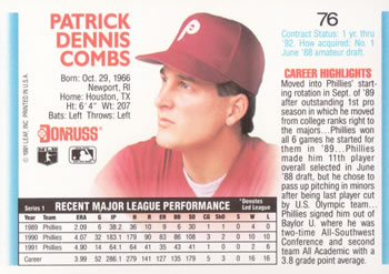 Pat Combs  baseball card collectible - Main Image 2
