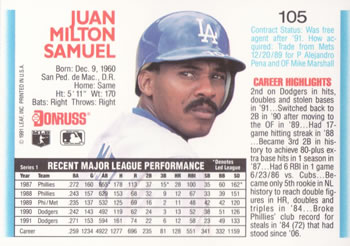Juan Samuel  baseball card collectible - Main Image 2