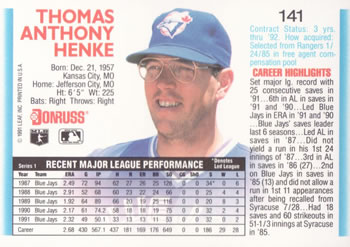 Tom Henke  baseball card collectible - Main Image 2