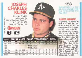 Joe Klink  baseball card collectible - Main Image 2