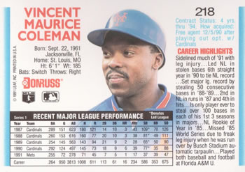 Vince Coleman  baseball card collectible - Main Image 2