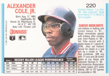 Alex Cole  baseball card collectible - Main Image 2