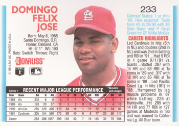 Felix Jose  baseball card collectible - Main Image 2