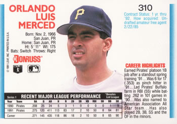 Orlando Merced  baseball card collectible - Main Image 2