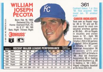 Bill Pecota  baseball card collectible - Main Image 2