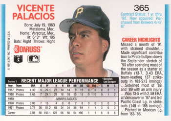 Vicente Palacios  baseball card collectible - Main Image 2