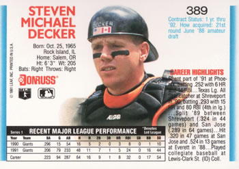 Steve Decker  baseball card collectible - Main Image 2