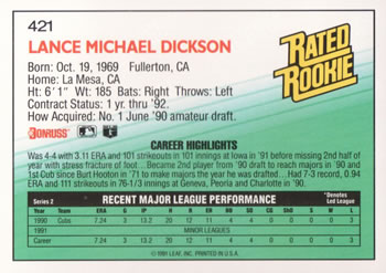 Lance Dickson  baseball card collectible - Main Image 2