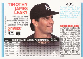 Tim Leary  baseball card collectible - Main Image 2
