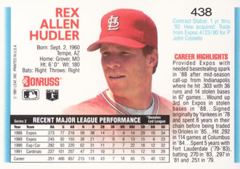 Rex Hudler  baseball card collectible - Main Image 2