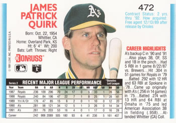Jamie Quirk  baseball card collectible - Main Image 2